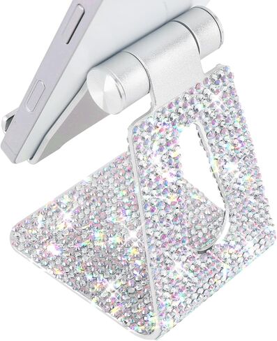 LUVI Bling Phone Stand Adjustable Aluminum Alloy Kickstand Crystal Rhinestone Compatible with All Phones Glitter Holder Luxury Desktop Decoration for Women Girls -Silver in Saudi Arabia