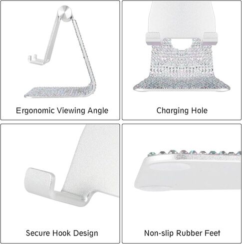 LUVI Bling Phone Stand Adjustable Aluminum Alloy Kickstand Crystal Rhinestone Compatible with All Phones Glitter Holder Luxury Desktop Decoration for Women Girls -Silver in Saudi Arabia