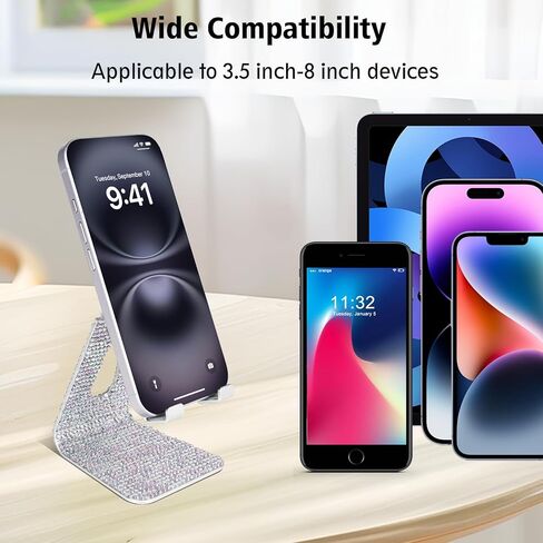 LUVI Bling Phone Stand Adjustable Aluminum Alloy Kickstand Crystal Rhinestone Compatible with All Phones Glitter Holder Luxury Desktop Decoration for Women Girls -Silver in Saudi Arabia
