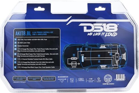 مجموعة أسلاك تركيب مكبر الصوت DS18 AKIT8.BL 8-GA - ما يصل إلى 840 وات كحد أقصى، حامل مصهر ANL مع 60 أمبير، مكبر صوت وكابلات RCA، مجموعة أسلاك مكبر الصوت CCA، سلك فائق المرونة، طقم أسلاك أمبير 8 قياس - أزرق in Kuwait