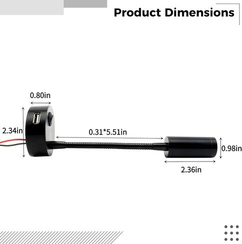 ضوء USB Rv أسود مع معقوفة مرنة، مصباح LED للقراءة، 6000-6500K أبيض بارد، غلاف معدني، مثالي للقوارب والمركبات in Kuwait