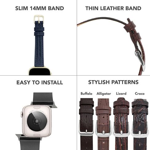 Bandini Slim Womens Leather Strap for Apple Watch Band - Womens Leather iWatch Band For Apple Watch 46mm 45 44 42 41 40 38 49, Ultra 3 2 1, SE1-SE3, Series 1 to 11, Buffalo, Alligator, Lizard, Croco in Saudi Arabia
