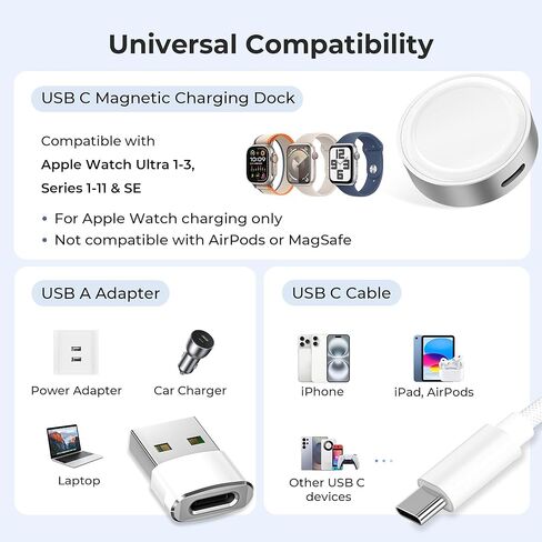 Basesailor Magnetic Charger Adapter for Apple Watch 11 10,5W USB C Wireless Charger Dock,Multi Charging Kit with Type C Cable & USB A Converter for iWatch Series 9 8 7 SE Ultra,42 46 44mm,iPhone 17 16 in Saudi Arabia
