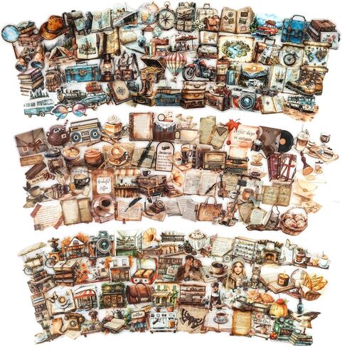 Dizdkizd 150-Piece Coffee Travel Vintage Stickers for Scrapbooking, Junk Journal, Planner, Crafting, Transparent PET Retro Aethestic Sticker Set - Brown in Saudi Arabia