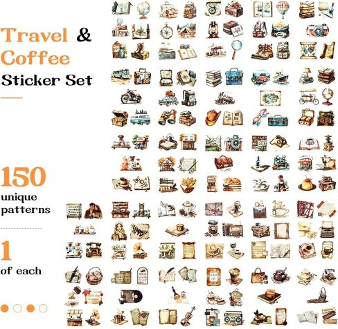 Dizdkizd 150-Piece Coffee Travel Vintage Stickers for Scrapbooking, Junk Journal, Planner, Crafting, Transparent PET Retro Aethestic Sticker Set - Brown in Saudi Arabia