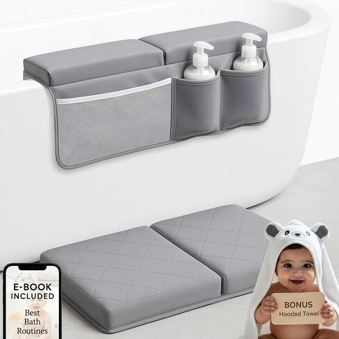 Bornealand® 2" Extra Thick Baby Bath Kneeler and Elbow Rest Pad Set + Hooded Towel - Embroidered Kneeling Pad for Bathing Baby - Dual-Layer Memory Foam Bathtub Kneeler and Elbow Rest Set in Saudi Arabia