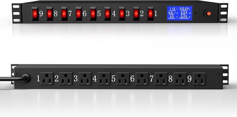 قطاع طاقة مثبت على 9 منافذ مع مفاتيح فردية، PDU Surge Protector 15A 125V 1875W، وحدة توزيع الطاقة على حامل الخادم 1U مع حماية من الحمل الزائد ومراقبة الطاقة، سلك بطول 6.5 قدم in Kuwait