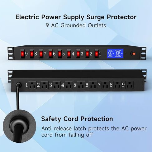 قطاع طاقة مثبت على 9 منافذ مع مفاتيح فردية، PDU Surge Protector 15A 125V 1875W، وحدة توزيع الطاقة على حامل الخادم 1U مع حماية من الحمل الزائد ومراقبة الطاقة، سلك بطول 6.5 قدم in Kuwait