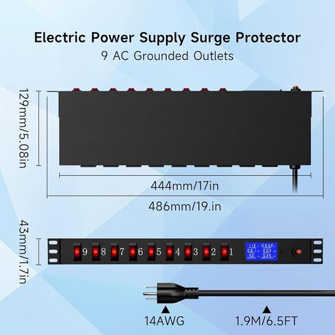 قطاع طاقة مثبت على 9 منافذ مع مفاتيح فردية، PDU Surge Protector 15A 125V 1875W، وحدة توزيع الطاقة على حامل الخادم 1U مع حماية من الحمل الزائد ومراقبة الطاقة، سلك بطول 6.5 قدم in Kuwait