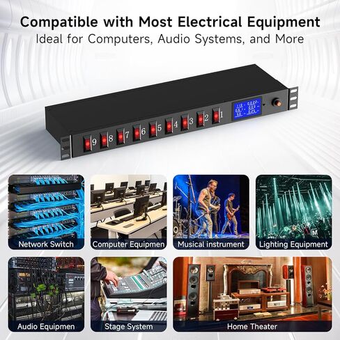 قطاع طاقة مثبت على 9 منافذ مع مفاتيح فردية، PDU Surge Protector 15A 125V 1875W، وحدة توزيع الطاقة على حامل الخادم 1U مع حماية من الحمل الزائد ومراقبة الطاقة، سلك بطول 6.5 قدم in Kuwait