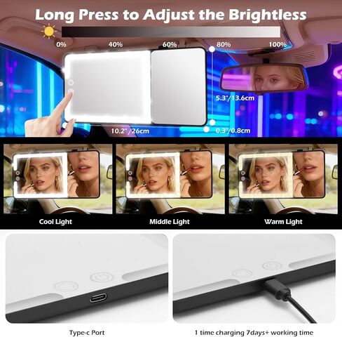 Upgraded Large Led Car Vanity Mirror with Solar&USB-C Charging, 10" Sun Visor Mirror with 3-Color Dimmable Rechargeable LED Lights,Car Makeup Mirrors with Secure Reinforced Flexible Mount in Kuwait