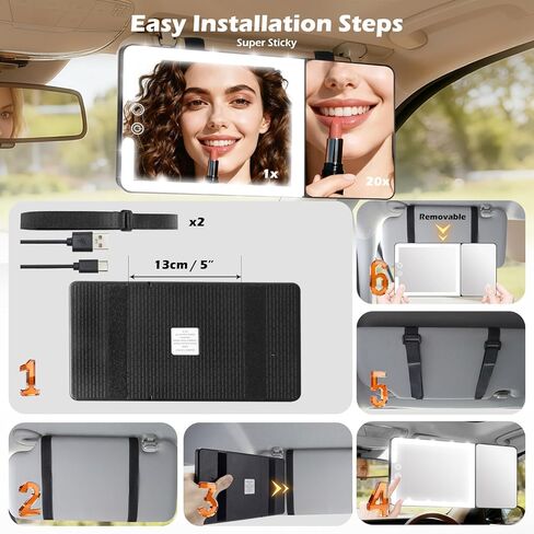 Upgraded Large Led Car Vanity Mirror with Solar&USB-C Charging, 10" Sun Visor Mirror with 3-Color Dimmable Rechargeable LED Lights,Car Makeup Mirrors with Secure Reinforced Flexible Mount in Kuwait