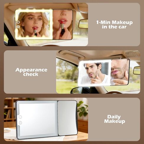 Upgraded Large Led Car Vanity Mirror with Solar&USB-C Charging, 10" Sun Visor Mirror with 3-Color Dimmable Rechargeable LED Lights,Car Makeup Mirrors with Secure Reinforced Flexible Mount in Kuwait