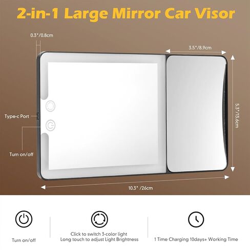 Upgraded Large Led Car Vanity Mirror with Solar&USB-C Charging, 10" Sun Visor Mirror with 3-Color Dimmable Rechargeable LED Lights,Car Makeup Mirrors with Secure Reinforced Flexible Mount in Kuwait
