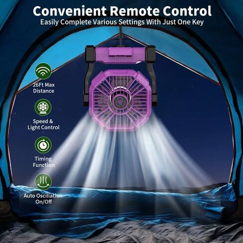 Portable Camping Fan with LED Light, Rechargeable Battery Powered, USB Charging for Phone, 3 Speed Settings, Black, Outdoor Fishing Picnic Office (Purple) in Saudi Arabia