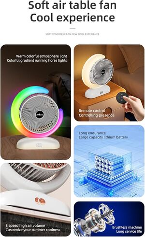USB Charging Desktop Fan with Remote Control, 3 Speed Tabletop Circulation Fan, 5 Mode Lighting, 1H/2H Timer, for Home Office (Silver) in Saudi Arabia
