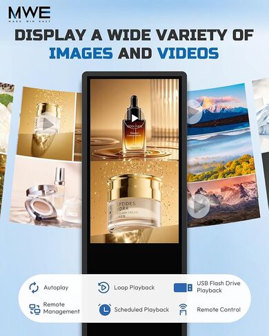 كشك عرض اللافتات الرقمية HARZHI MWE 4K LCD، ملصق عرض إعلاني قائم على الأرضية الداخلية، شاشة تجارية مع مشغل وسائط تلقائي، HDMI/USB/WiFi (65 بوصة لا تعمل باللمس) in Kuwait