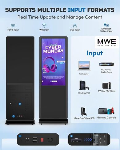 كشك عرض اللافتات الرقمية HARZHI MWE 4K LCD، ملصق عرض إعلاني قائم على الأرضية الداخلية، شاشة تجارية مع مشغل وسائط تلقائي، HDMI/USB/WiFi (65 بوصة لا تعمل باللمس) in Kuwait
