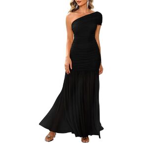 LAGSHIAN Women's Elegant Formal Long Dress One Shoulder Sleeveless Ruched Bodycon Evening Dress