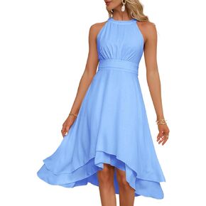 Fisoew Women's Halter Neck Wedding Guest Dresses Summer Sleeveless A Line Layered Flowy Bridesmaid Midi Dress