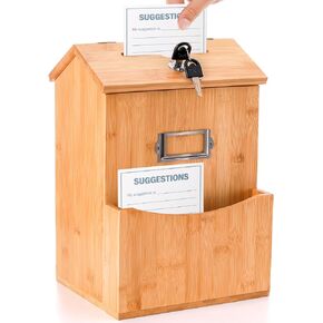Fasmov Bamboo Suggestion Box with with 50 Free Suggestion Cards, Donation Box Collection Box Ballot Box Key Drop Box Safe Storage Box, Wall Mounted or Freestanding, 8.1"x 7.1"x 12"