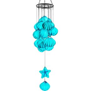 Stained Glass Wind Chimes for Outside,Handmade Large 25 inch Memorial Windchimes Outdoor,Sea Glass Decor for Patio Garden Balcony Porch (Shell & Starfish)