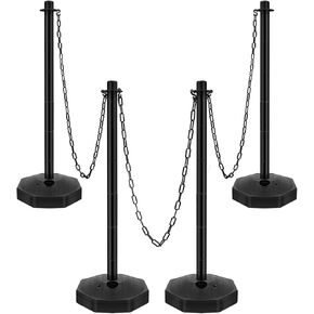 Black Plastic Stanchion Set Traffic Delineator Post Cones with Fillable Base 6.6 ft Plastic Chain and S Hooks Crowd Control Parking Barrier for Traffic Caution Parking Lot Construction Roads (4 Sets)