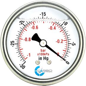 CARBO Instruments 1-1/2" Pressure Gauge, Stainless Steel Case, Chrome Plated Brass Connection, Lqiuid Filled, Compound Vacuum -30 Hg - 0-60 psi Back Mount 1/8" NPT