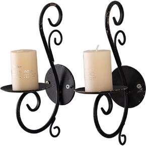 SOFE Black Wrought Iron Wall Candle Sconces Set of Two, Rustic Wall Candle Holder, Vertical Wall Decor, Hanging Pillar Candle Stand Metal Wall Art for Home Living Room, Dining Room