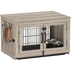 Piskyet Wooden Dog Crate Furniture with 360°Rotatable Removable Dog Bowls, Dog Crate End Table with Tray, Double Doors Dog Kennels for Medium Dogs Indoor (M:31.8L*22.1W*24.1H, Gray)