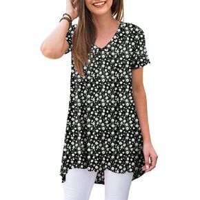 POPYOUNG Women's Summer Casual Short Sleeve Tunic Tops to Wear with Leggings V-Neck T-Shirt Loose Blouse 2XL, White Daisy-Black