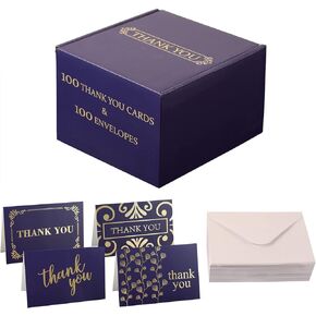 100 Pack Blue Thank You Cards & 100 Pack White Envelopes 4.25 x 6.25 inches Elegant Fold Over Greetings Blank Inside, Handwritten Style For Business Graduation Baby Shower & Wedding
