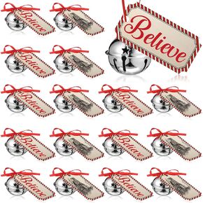 1.6 Inch Christmas Believe Bell Ornament Sleigh Bells with Christmas Believe Ticket Ribbon Train Ticket Silver Christmas Tree Bell for Xmas Gift Tree (24 Set)