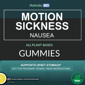 Nausea Relief Motion Sickness Kids Adults | Vertigo Relief Products 6 in 1: Gingko Kudzu Astragalus Ginger Root Black Cohosh & Peony Flower | All Plant-Based Formula Non-GMO | Lemon Flavor 60 Gummies