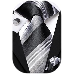 Hi-Tie Stripe Men's Black and Silver Ties and Pocket Square Set Classic Woven Silk Formal Neckties for Wedding Business