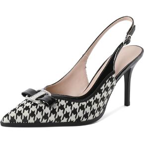 Eldof Women Slingback Heels Rhinestone Buckle Houndstooth Pointed Toe Slip On Stilettos High Heel Pumps Shoes Dressy 3.5 Inches