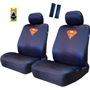 Pair DC Comic Superman Logo Car Seat Covers Shoulder Pads Set from BDK Bundle with Air Freshener