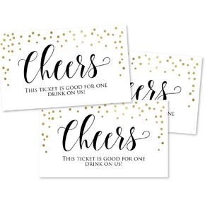 50 Gold Formal Elegant Drink Ticket Coupons For a Free Drink at Weddings, Work Events or Party Bar, One Free Beer Wine Alcohol Soft Drink or Food Vouchers, Cheers Large Drinking Paper Raffle Cards