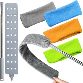 Retractable Gap Dust Cleaner Brush with 4 pcs Replacement Duster Cloth, 100 inches Extendable Pole, Flexible Microfiber Duster for Cleaning Under Refrigerator, Sofa,Couch Bed, Furniture