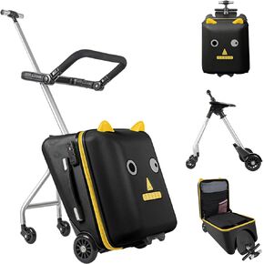 Ride on Suitcase for Kids, 20 inch Hardside Kids Luggage Ride on,Large Suitcases with Child Seat Design with 4 Universal Wheels Help Your Child Travel, Gift as Kids(Black)