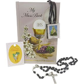 My First Holy Communion Gift Set, Bundle Includes Mass Book, Scapular, Rosary, Pin and Vinyl Wallet. Communicant Starter Pack, 5 Items