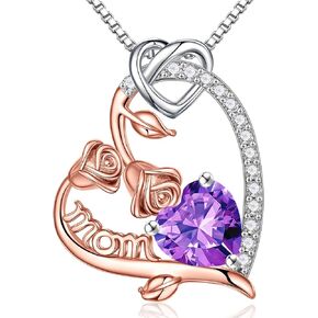 Iefil Valentines Day Gifts for Mom - Rose Heart Birthstone Necklace Love Gifts for Mom, Birthstone Jewelry Gemstone Mothers Day Valentines Birthday Gifts for Mom Mama Mother