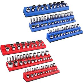 Magnetic Socket Organizer Set, 6pcs Metric SAE Magnetic Socket Holder Set Includes 1/4", 3/8", 1/2", Socket Trays Holds 143pcs Standard&Deep Size Sockets for Tool Box Drawers Tool Carts Mechanics