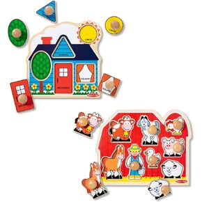 Melissa & Doug Wooden Jumbo Knob Puzzle 2-Pack for Baby and Toddler Boys and Girls – Large Farm, First Shapes