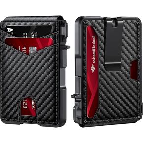 BUXLY Mens Wallet - Slim Wallet for Men with Money Clip, Aluminum Pop Up Credit Card Holder, RFID Blocking Leather Bifold Wallet with Gift Box (Carbon Fiber)