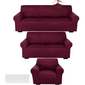 Peryiter 3 Pcs Slipcover Set for Couch Milk Silk Spandex Furniture Covers for Sofa Loveseat Couch Arm Chair, Form Fit Stretch, Wrinkle Free, Furniture Protector(Light Gray)