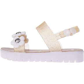 bebe Girl's PCU Sandals with Flower, Bow, and Rhinestone Details - Flat Sandals for Toddler/Little Kid/Big Kid