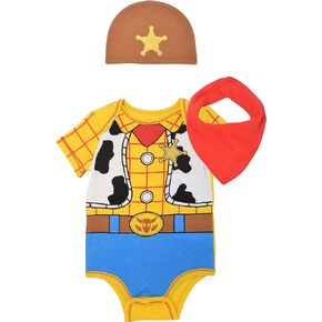 Disney Pixar Toy Story Woody Newborn Baby Boys Cosplay Bodysuit Hat and Bandana Bib 3 Piece Set 0-3 Months