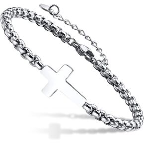 Cross Chain Bracelets for Men Women, Silver/Black Stainless Steel Cross Charms Men's Bracelet, Faith Religious Easter Catholic Christian God Jesus Communion Baptism Jewelry Gift Mens Link Bracelet