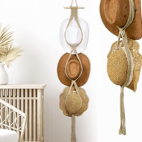 Yulejo Macrame Hat Hangers Boho Hat Rack Cowboy Hat Hanger Back of Door Hat Organizer (Beige,Five Hats Style)